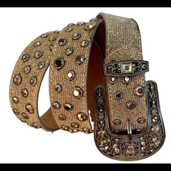 Bronze charcoal gold glitter rhinestone embellished leather western belt size XL
